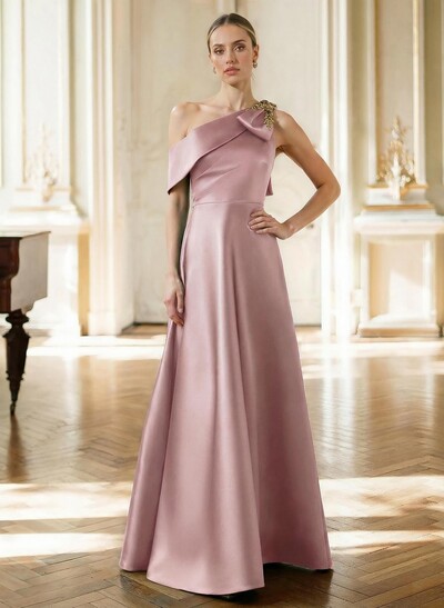 A-Line Asymmetrical Sleeveless Floor-Length Satin Mother Of The Bride Dresses With Rhinestone Shoulder Ruffle