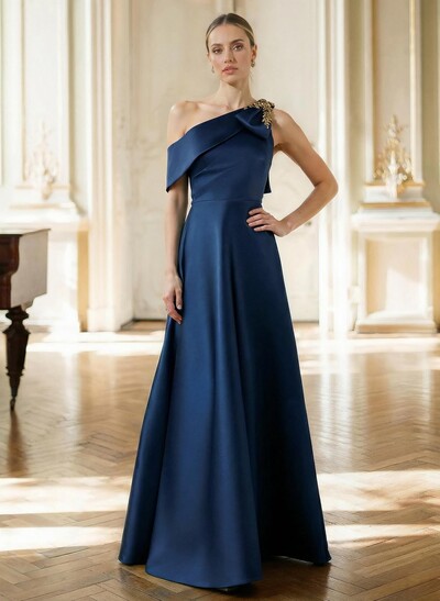 A-Line Asymmetrical Sleeveless Floor-Length Satin Mother Of The Bride Dresses With Rhinestone Shoulder Ruffle
