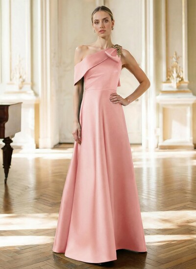A-Line Asymmetrical Sleeveless Floor-Length Satin Mother Of The Bride Dresses With Rhinestone Shoulder Ruffle