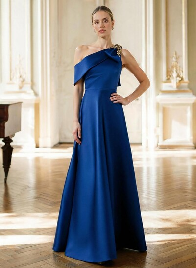 A-Line Asymmetrical Sleeveless Floor-Length Satin Mother Of The Bride Dresses With Rhinestone Shoulder Ruffle