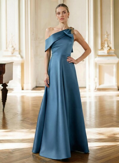 A-Line Asymmetrical Sleeveless Floor-Length Satin Mother Of The Bride Dresses With Rhinestone Shoulder Ruffle