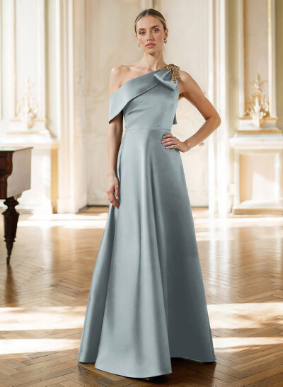 A-Line Asymmetrical Sleeveless Floor-Length Satin Mother Of The Bride Dresses With Rhinestone Shoulder Ruffle