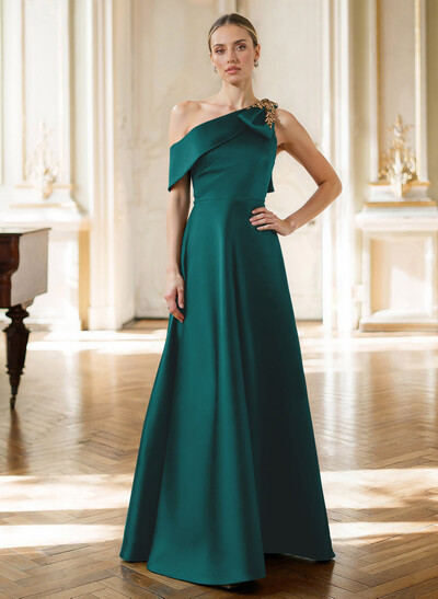 A-Line Asymmetrical Sleeveless Floor-Length Satin Mother Of The Bride Dresses With Rhinestone Shoulder Ruffle