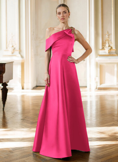 A-Line Asymmetrical Sleeveless Floor-Length Satin Mother Of The Bride Dresses With Rhinestone Shoulder Ruffle