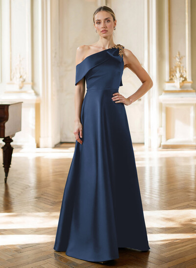 A-Line Asymmetrical Sleeveless Floor-Length Satin Mother Of The Bride Dresses With Rhinestone Shoulder Ruffle