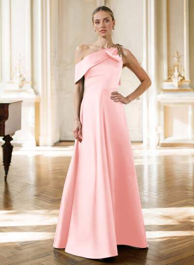A-Line Asymmetrical Sleeveless Floor-Length Satin Mother Of The Bride Dresses With Rhinestone Shoulder Ruffle