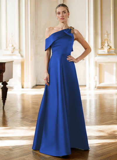 A-Line Asymmetrical Sleeveless Floor-Length Satin Mother Of The Bride Dresses With Rhinestone Shoulder Ruffle