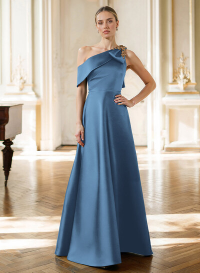 A-Line Asymmetrical Sleeveless Floor-Length Satin Mother Of The Bride Dresses With Rhinestone Shoulder Ruffle