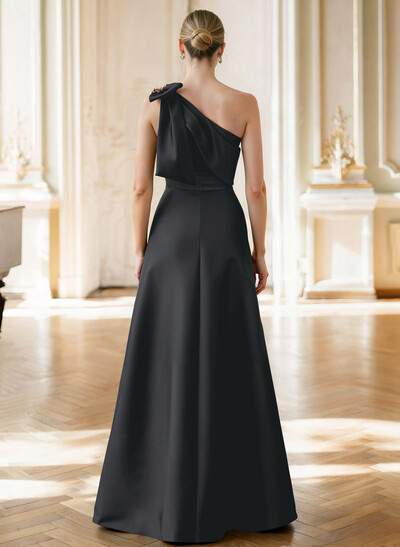 A-Line Asymmetrical Sleeveless Floor-Length Satin Mother Of The Bride Dresses With Rhinestone Shoulder Ruffle