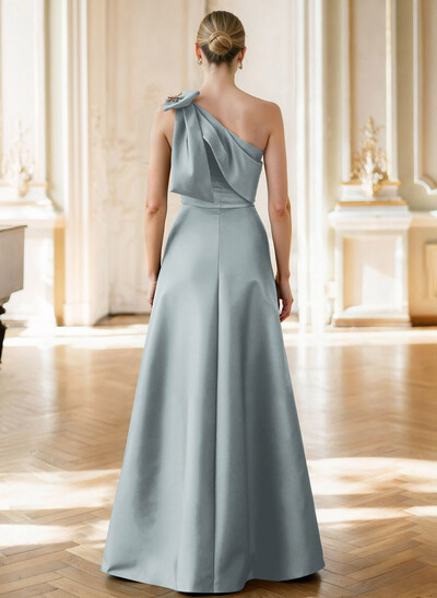 A-Line Asymmetrical Sleeveless Floor-Length Satin Mother Of The Bride Dresses With Rhinestone Shoulder Ruffle