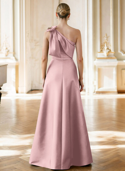 A-Line Asymmetrical Sleeveless Floor-Length Satin Mother Of The Bride Dresses With Rhinestone Shoulder Ruffle