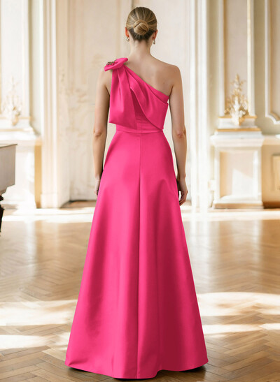 A-Line Asymmetrical Sleeveless Floor-Length Satin Mother Of The Bride Dresses With Rhinestone Shoulder Ruffle