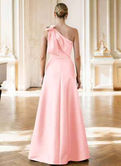 A-Line Asymmetrical Sleeveless Floor-Length Satin Mother Of The Bride Dresses With Rhinestone Shoulder Ruffle