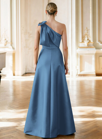 A-Line Asymmetrical Sleeveless Floor-Length Satin Mother Of The Bride Dresses With Rhinestone Shoulder Ruffle
