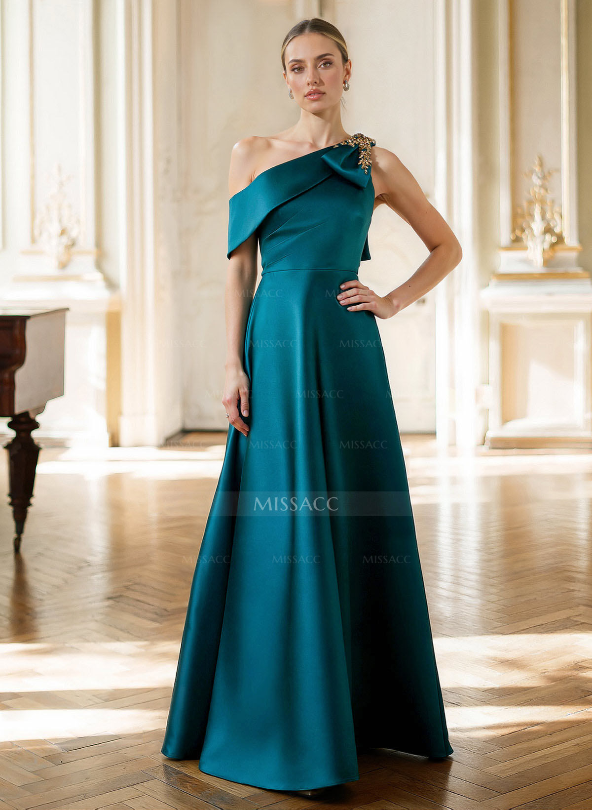 A-Line Asymmetrical Sleeveless Floor-Length Satin Mother Of The Bride Dresses With Rhinestone Shoulder Ruffle
