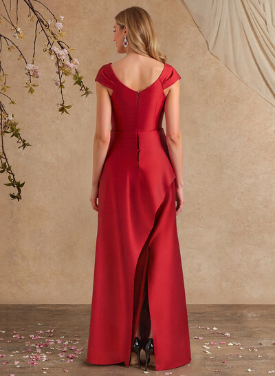 A-Line Asymmetrical Short Sleeves Floor-Length Satin Mother Of The Bride Dresses With Split Front Shoulder Ruffle Back Slit Tiered