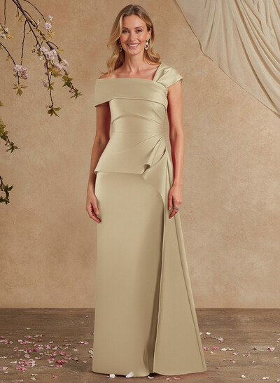 A-Line Asymmetrical Short Sleeves Floor-Length Satin Mother Of The Bride Dresses With Split Front Shoulder Ruffle Back Slit Tiered