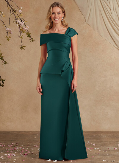 A-Line Asymmetrical Short Sleeves Floor-Length Satin Mother Of The Bride Dresses With Split Front Shoulder Ruffle Back Slit Tiered