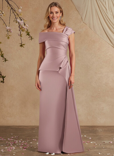 A-Line Asymmetrical Short Sleeves Floor-Length Satin Mother Of The Bride Dresses With Split Front Shoulder Ruffle Back Slit Tiered