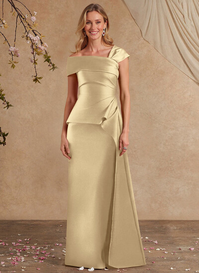 A-Line Asymmetrical Short Sleeves Floor-Length Satin Mother Of The Bride Dresses With Split Front Shoulder Ruffle Back Slit Tiered