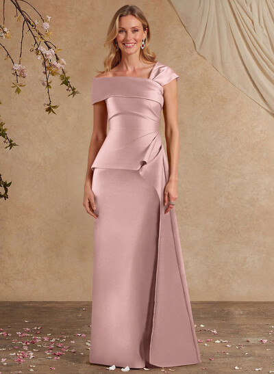 A-Line Asymmetrical Short Sleeves Floor-Length Satin Mother Of The Bride Dresses With Split Front Shoulder Ruffle Back Slit Tiered