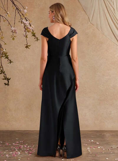 A-Line Asymmetrical Short Sleeves Floor-Length Satin Mother Of The Bride Dresses With Split Front Shoulder Ruffle Back Slit Tiered
