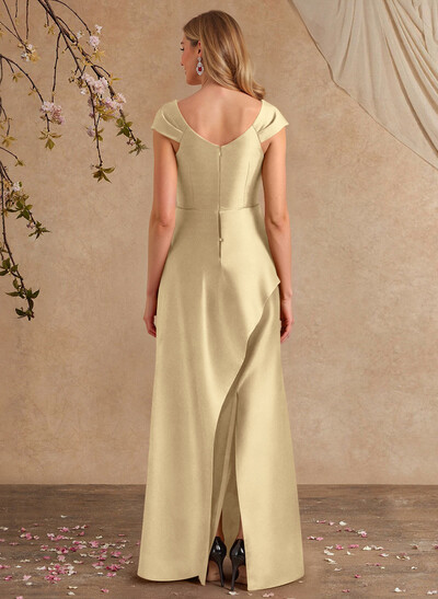 A-Line Asymmetrical Short Sleeves Floor-Length Satin Mother Of The Bride Dresses With Split Front Shoulder Ruffle Back Slit Tiered
