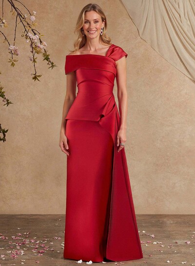 A-Line Asymmetrical Short Sleeves Floor-Length Satin Mother Of The Bride Dresses With Split Front Shoulder Ruffle Back Slit Tiered