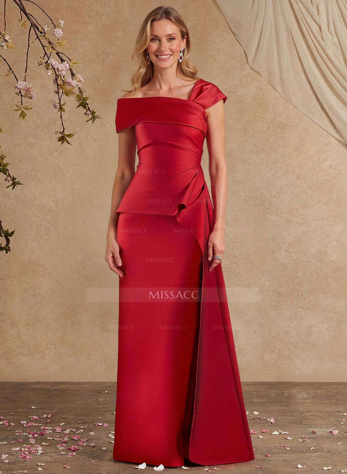 A-Line Asymmetrical Short Sleeves Floor-Length Satin Mother Of The Bride Dresses With Split Front Shoulder Ruffle Back Slit Tiered