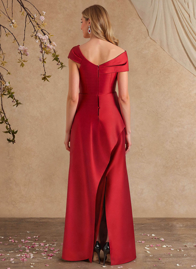 A-Line Asymmetrical Short Sleeves Floor-Length Satin Mother Of The Bride Dresses With Split Front Shoulder Ruffle Back Slit Tiered