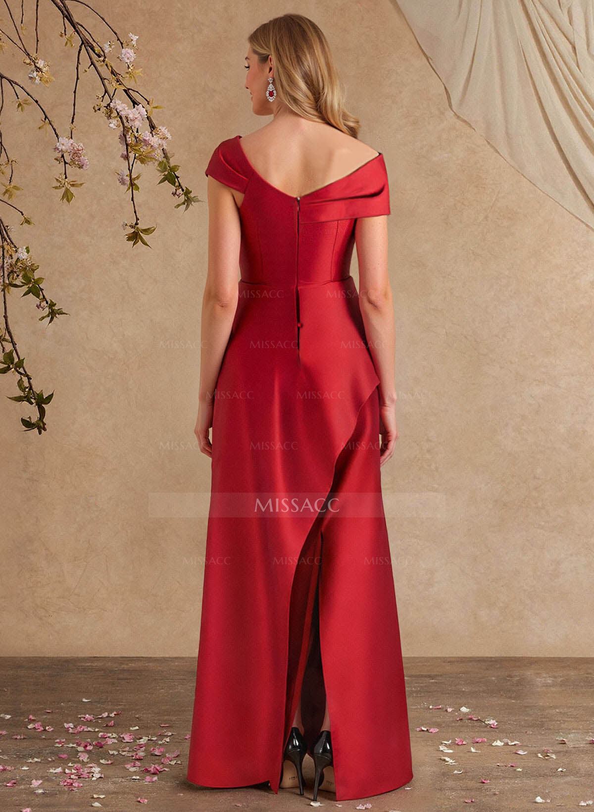 A-Line Asymmetrical Short Sleeves Floor-Length Satin Mother Of The Bride Dresses With Split Front Shoulder Ruffle Back Slit Tiered