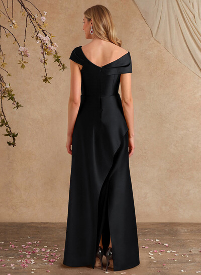 A-Line Asymmetrical Short Sleeves Floor-Length Satin Mother Of The Bride Dresses With Split Front Shoulder Ruffle Back Slit Tiered