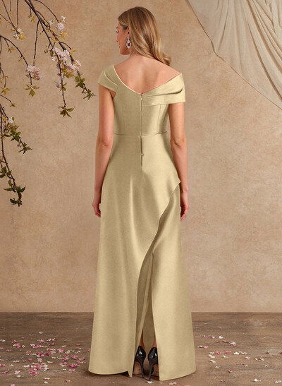 A-Line Asymmetrical Short Sleeves Floor-Length Satin Mother Of The Bride Dresses With Split Front Shoulder Ruffle Back Slit Tiered