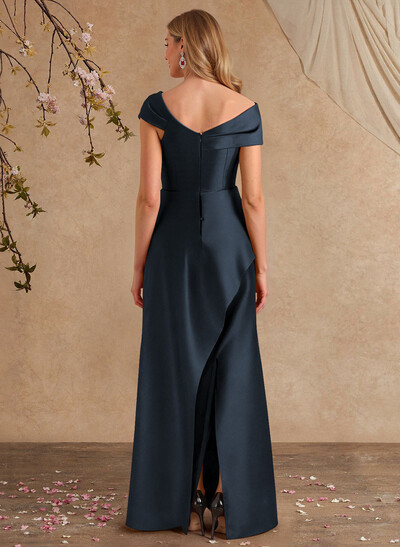 A-Line Asymmetrical Short Sleeves Floor-Length Satin Mother Of The Bride Dresses With Split Front Shoulder Ruffle Back Slit Tiered