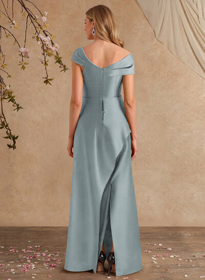 A-Line Asymmetrical Short Sleeves Floor-Length Satin Mother Of The Bride Dresses With Split Front Shoulder Ruffle Back Slit Tiered