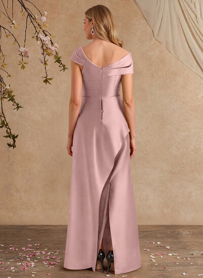 A-Line Asymmetrical Short Sleeves Floor-Length Satin Mother Of The Bride Dresses With Split Front Shoulder Ruffle Back Slit Tiered