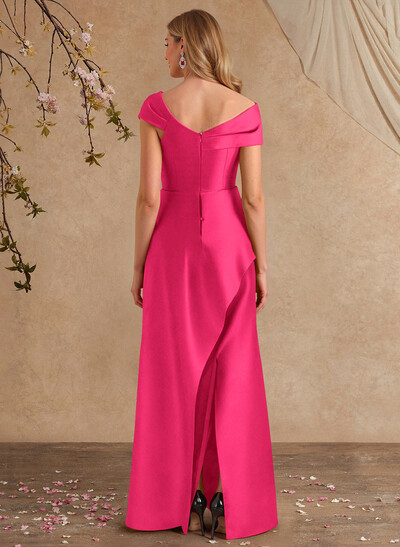 A-Line Asymmetrical Short Sleeves Floor-Length Satin Mother Of The Bride Dresses With Split Front Shoulder Ruffle Back Slit Tiered