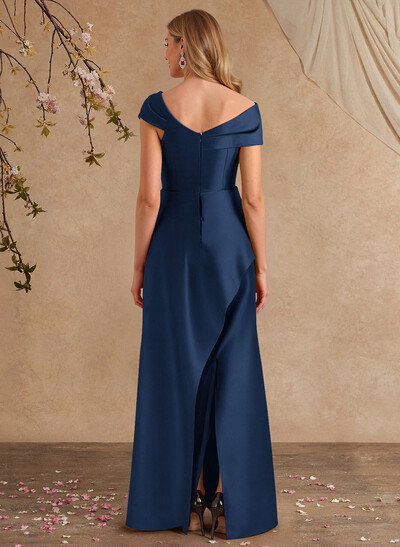 A-Line Asymmetrical Short Sleeves Floor-Length Satin Mother Of The Bride Dresses With Split Front Shoulder Ruffle Back Slit Tiered