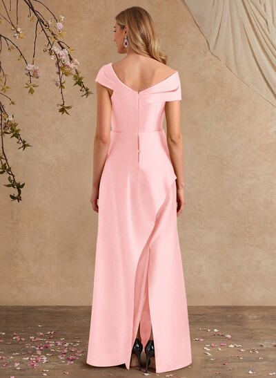 A-Line Asymmetrical Short Sleeves Floor-Length Satin Mother Of The Bride Dresses With Split Front Shoulder Ruffle Back Slit Tiered