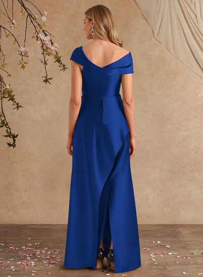 A-Line Asymmetrical Short Sleeves Floor-Length Satin Mother Of The Bride Dresses With Split Front Shoulder Ruffle Back Slit Tiered