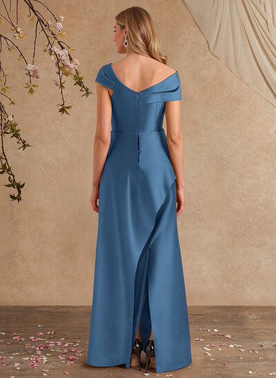 A-Line Asymmetrical Short Sleeves Floor-Length Satin Mother Of The Bride Dresses With Split Front Shoulder Ruffle Back Slit Tiered