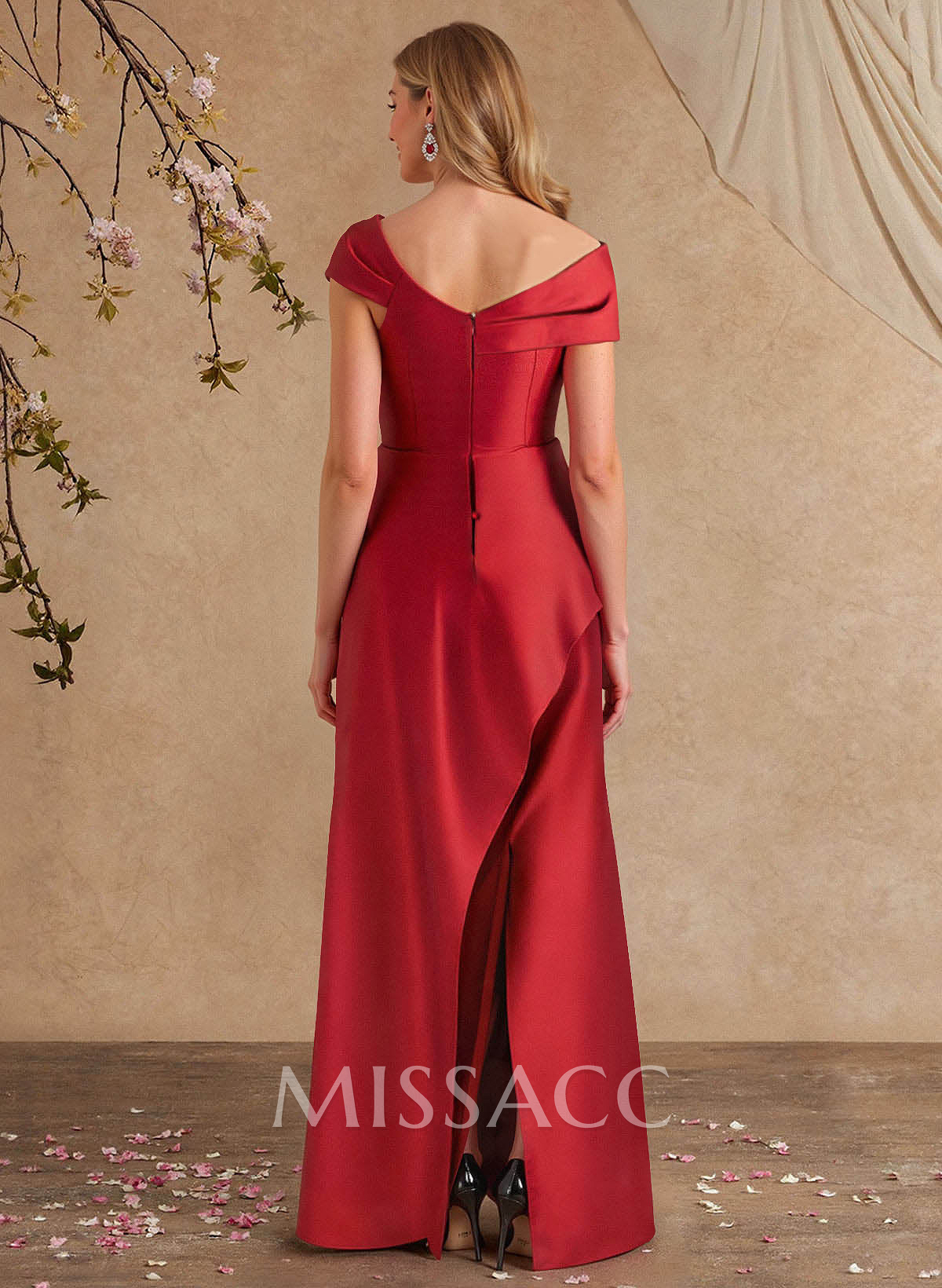 A-Line Asymmetrical Short Sleeves Floor-Length Satin Mother Of The Bride Dresses With Split Front Shoulder Ruffle Back Slit Tiered