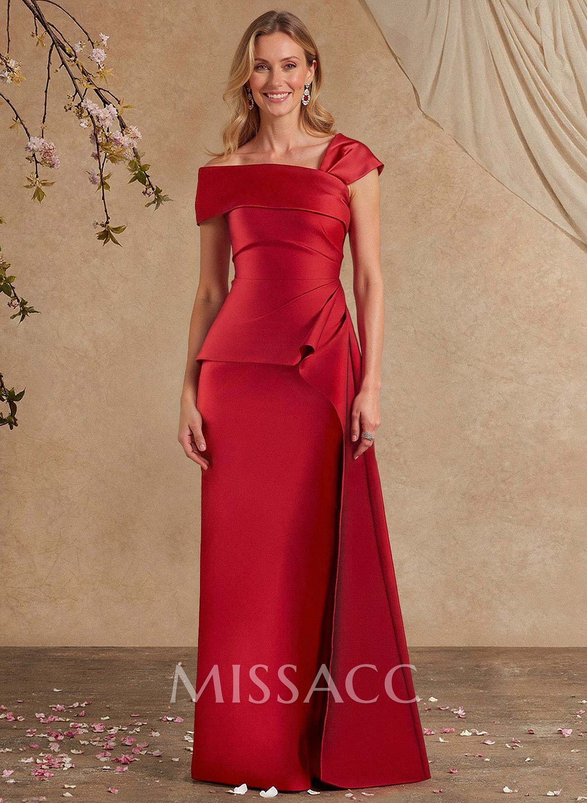A-Line Asymmetrical Short Sleeves Floor-Length Satin Mother Of The Bride Dresses With Split Front Shoulder Ruffle Back Slit Tiered