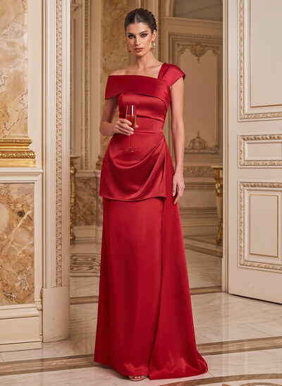A-Line Asymmetrical Short Sleeves Floor-Length Satin Mother Of The Bride Dresses With Split Front Shoulder Ruffle Back Slit Tiered