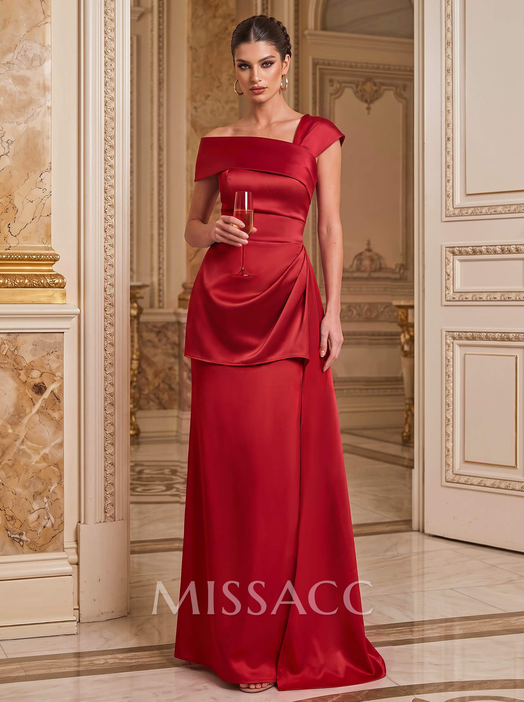 A-Line Asymmetrical Short Sleeves Floor-Length Satin Mother Of The Bride Dresses With Split Front Shoulder Ruffle Back Slit Tiered A-Line Asymmetrical Short Sleeves Floor-Length Satin Mother Of The Bride Dresses With Split Front Shoulder Ruffle Back Slit Tiered
