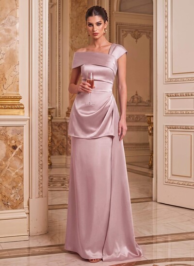 A-Line Asymmetrical Short Sleeves Floor-Length Satin Mother Of The Bride Dresses With Split Front Shoulder Ruffle Back Slit Tiered