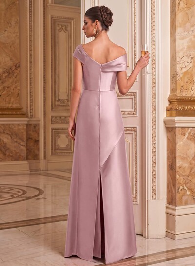 A-Line Asymmetrical Short Sleeves Floor-Length Satin Mother Of The Bride Dresses With Split Front Shoulder Ruffle Back Slit Tiered