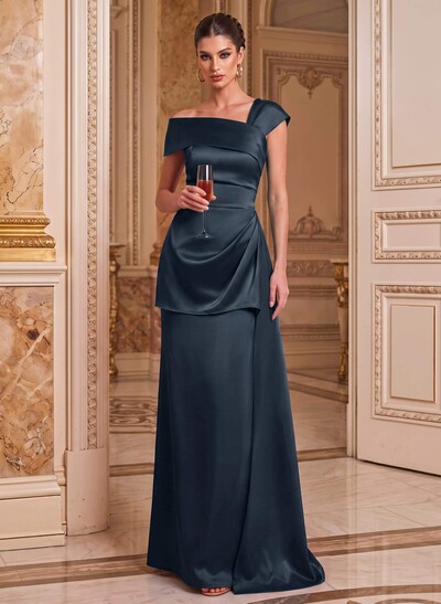 A-Line Asymmetrical Short Sleeves Floor-Length Satin Mother Of The Bride Dresses With Split Front Shoulder Ruffle Back Slit Tiered