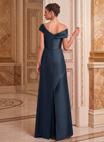 A-Line Asymmetrical Short Sleeves Floor-Length Satin Mother Of The Bride Dresses With Split Front Shoulder Ruffle Back Slit Tiered