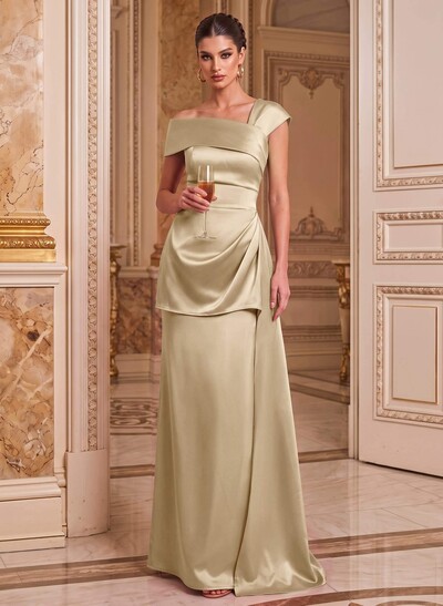 A-Line Asymmetrical Short Sleeves Floor-Length Satin Mother Of The Bride Dresses With Split Front Shoulder Ruffle Back Slit Tiered